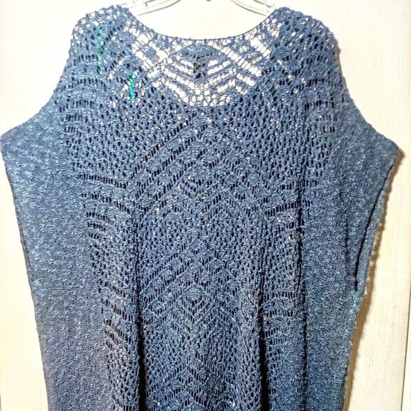 Poncho Style Crochet Sweater with Fringe Detail- Color: Denim Blue Size: XL - Picture 10 of 11